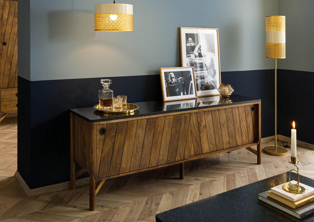 SIDEBOARD Mango 185x45x65 braun geölt / dunkler Granit LOS ANGELES #107 - Braun, Holz (185/65/45cm) - Massivmoebel24