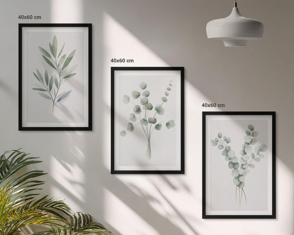 WANDBILDER 3er-Set - 40x60 cm Schwarzer Rahmen - Pflanzenmuster mit Grün - Schwarz, Kunststoff (40/60cm) - ArtPrintCave