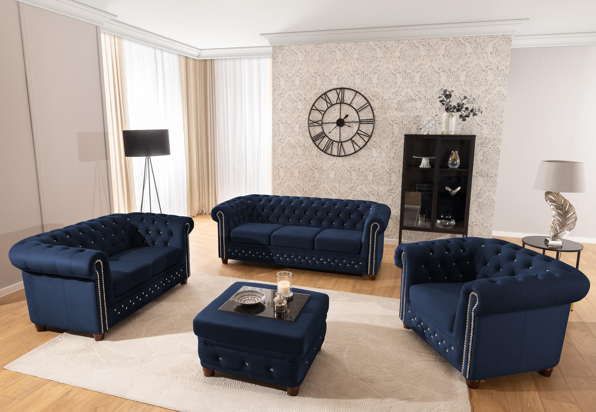 SITZGARNITUR 2+1 Chesterfield Cleo Blink Marineblau Samt mit Kristallsteppung und braunen Massivholzfüßen - Blau/Beige, Holz/Textil (148/72/86cm) - S-Style Möbel