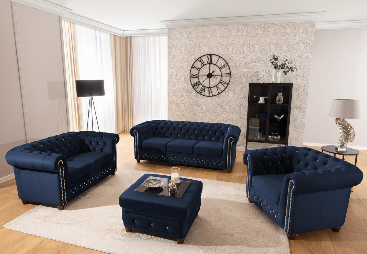 SITZGARNITUR 3+2 Chesterfield Cleo Blink Marineblau Samt mit Kristallsteppung und braunen Massivholzfüßen - Blau/Braun, Holz/Textil (203/72/86cm) - S-Style Möbel