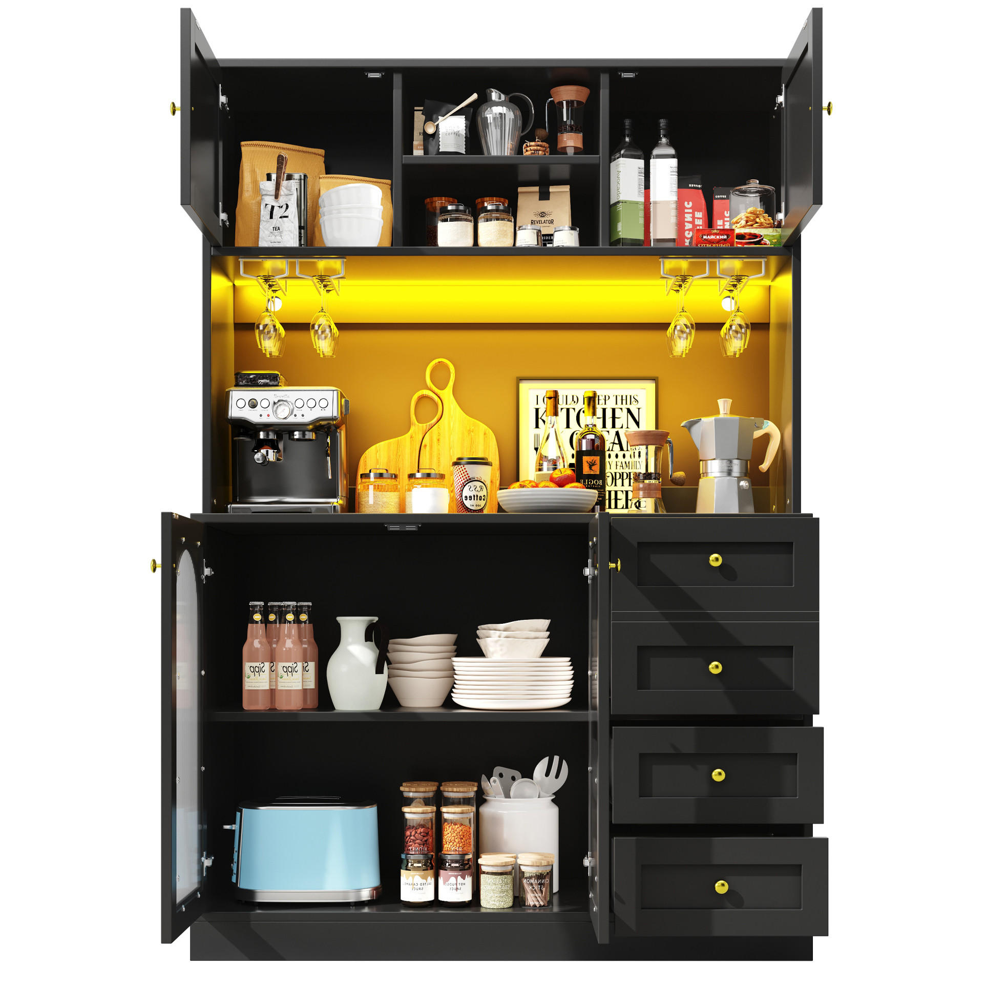 KREDENC, 120/40/188 cm, MDF crni, s LED rasvjetom - crna, drvni materijal (120/188/40cm) - BEAOK