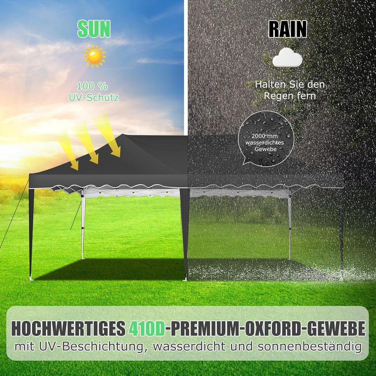 FALTPAVILLON 3x6m Wasserdicht UV50+ Schwarz mit Seitenwänden - Schwarz, Textil (300/203/600cm)