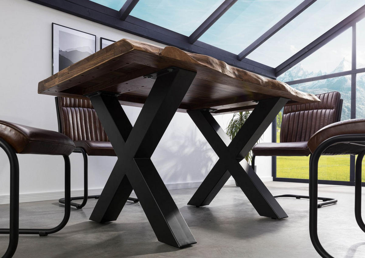 BAUMTISCH Sheesham 140x90x77 grau gebeizt / X-Beine anthrazit matt FREEFORM 5 - Anthrazit/Grau, Holz (140/90/77cm) - Massivmoebel24