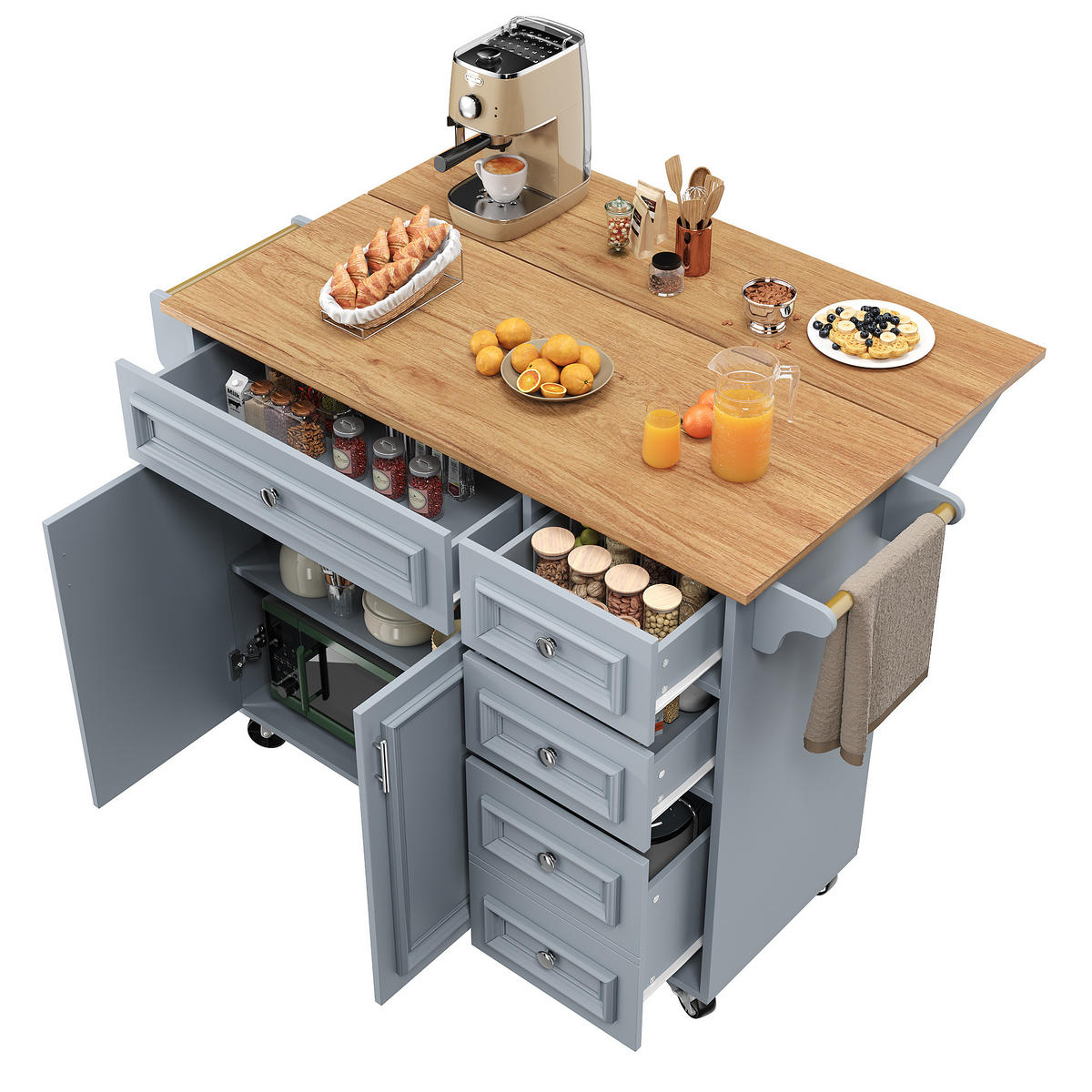 KÜCHENWAGEN 110x75x92cm Blau mit verstellbaren Fächern & Schubladen - Blau, Holzwerkstoff (110/92/75cm) - Modfu