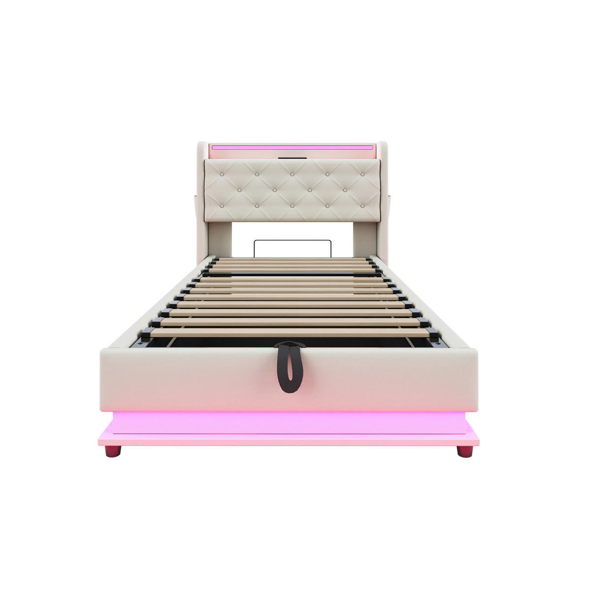 KINDERBETT 90/200 cm in Beige mit LED-Beleuchtung, Stauraum und USB- und Type-C-Anschlüssen - Beige, Textil (90/200cm) - Flora Grace
