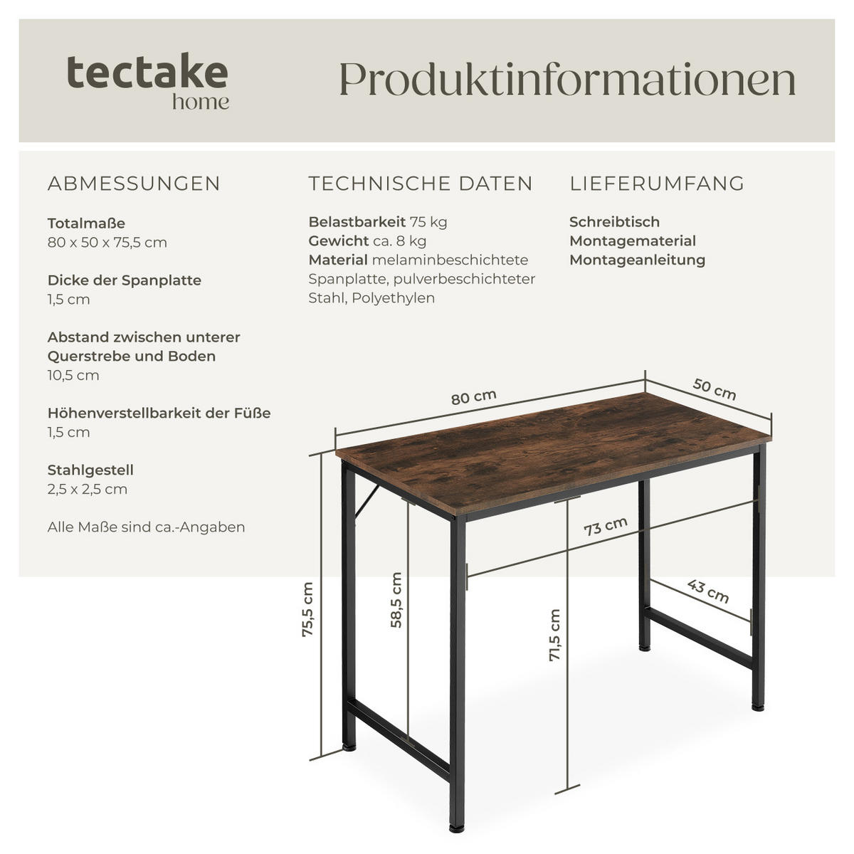 SCHREIBTISCH Jenkins, Höhe 75, 5 cm, Industrial Holz dunkel, rustikal - Rostfarben, Holzwerkstoff (50/80/75.5cm) - tectake