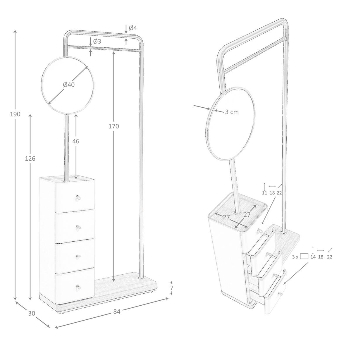 KLEIDERSTÄNDER aus Kunstleder in Nerz, Nussbaum und schwarzem Stahl mit Spiegel 84/30/190 cm - Dunkelbraun/Schwarz, Leder/Holz (84/190/30cm) - ANGEL CERDA