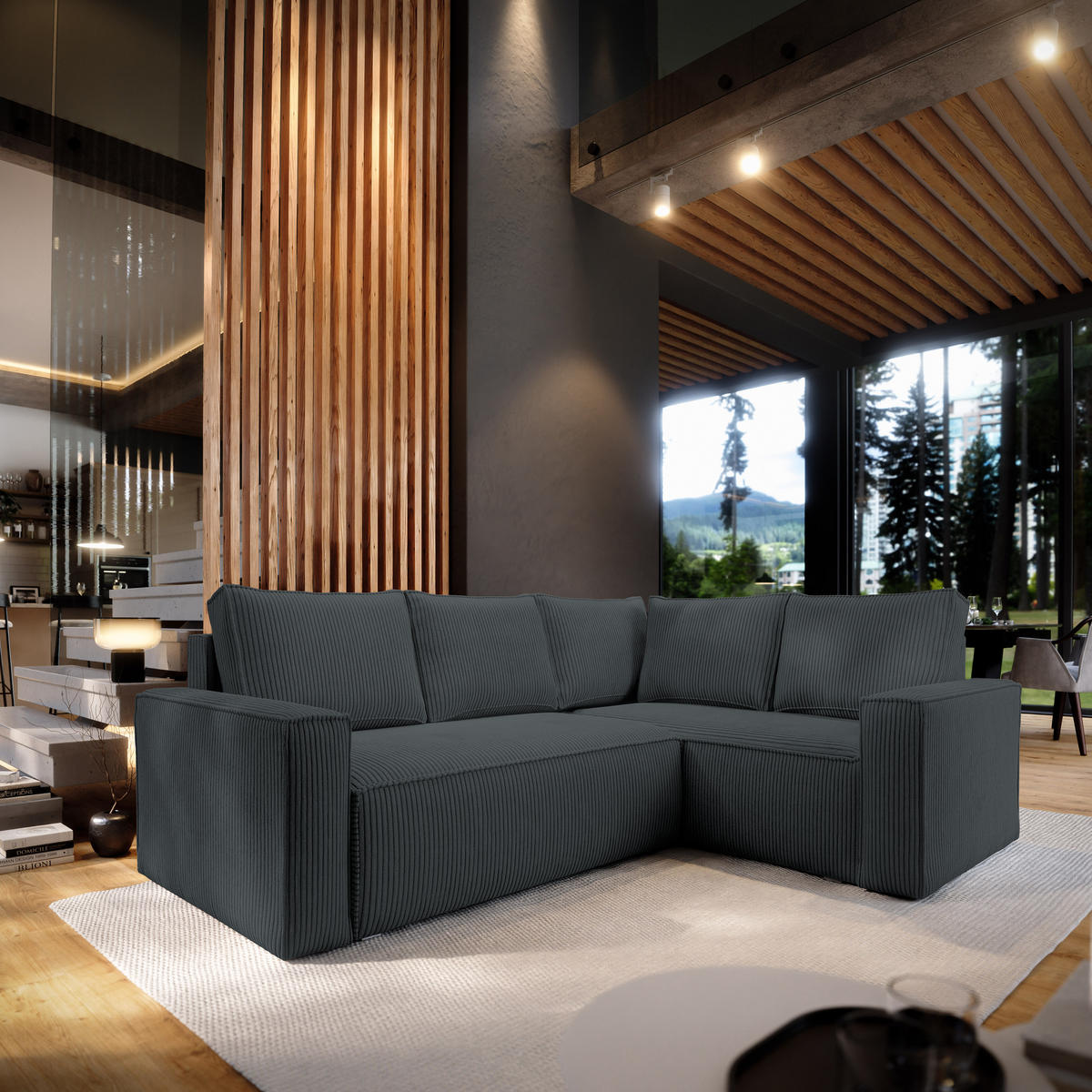 ECKSOFA ESTANO R-S Graphitfarben Kordstoff mit Schlaffunktion - Graphitfarben, Holz (230/158cm) - MASSENO