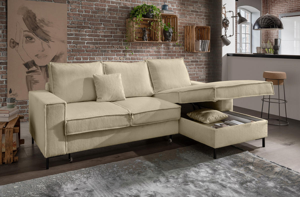 ECKSOFA mit Schlaffunktion, Bettkasten, Wellenunterfederung, Récamiere rechts B240/T150/H92 cm, Liegefl. 125x198 cm, Cord Beige Grau / 17220 - Greige/Beige, Textil/Metall (240/150cm) - luma-home