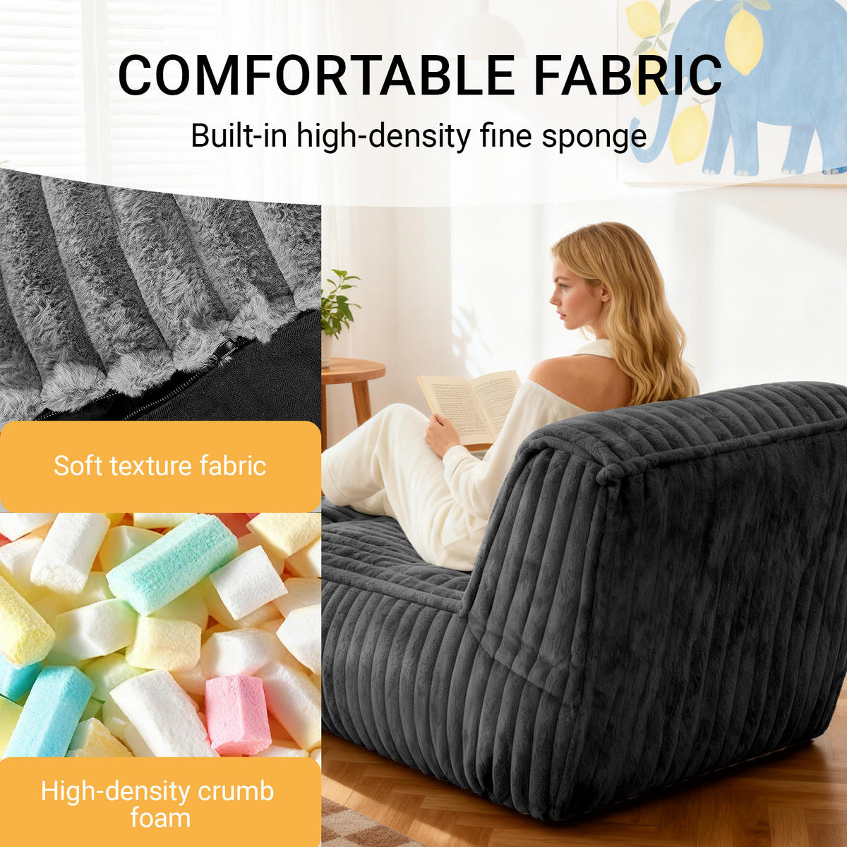 FÅTÖLJ MED PALL i manchester modulär och ergonomiskt stoppad - Mörkgrå, Textil (160/66/80cm) - Urban Meuble