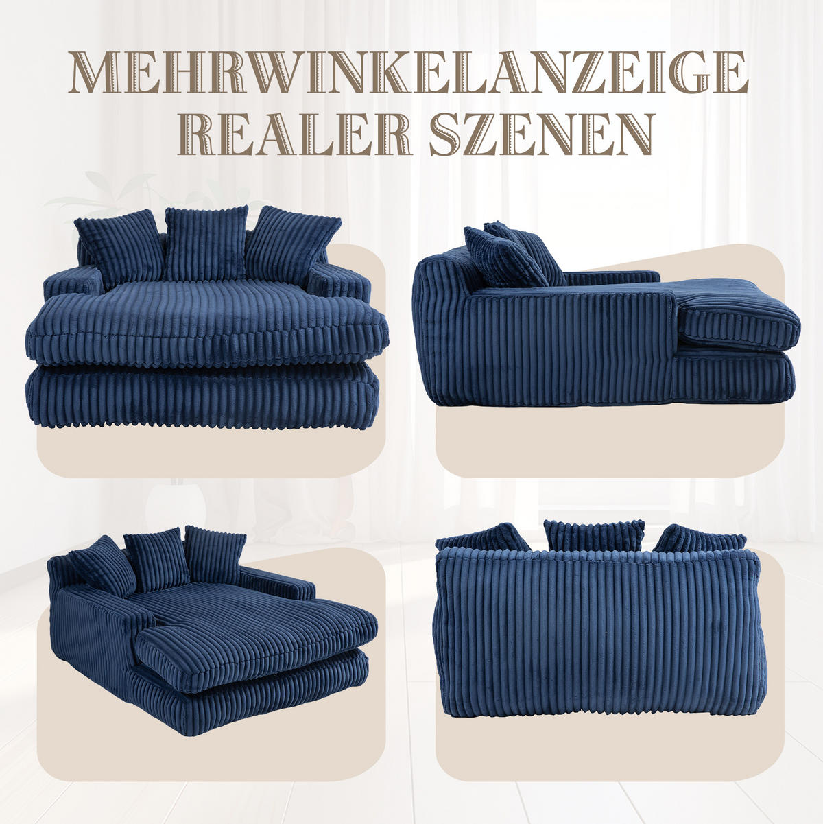BIGSOFA Chaiselongue Cord mit 3 Kissen bodennah 125/155/63 cm Dunkelblau - Dunkelblau, Textil (63/125/155cm) - Redom