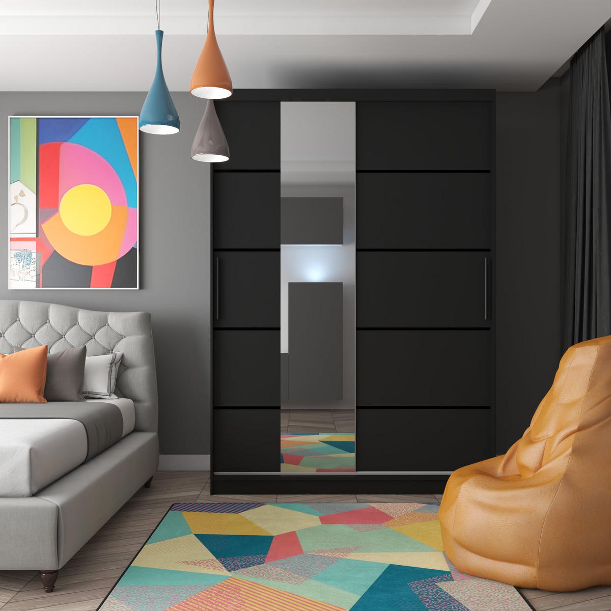 SCHWEBETÜRENSCHRANK Verona MBP, Schwarz Matt, 133 cm, mit Spiegel - Schwarz, Holz (133/216/60cm) - B BELINI GROUP