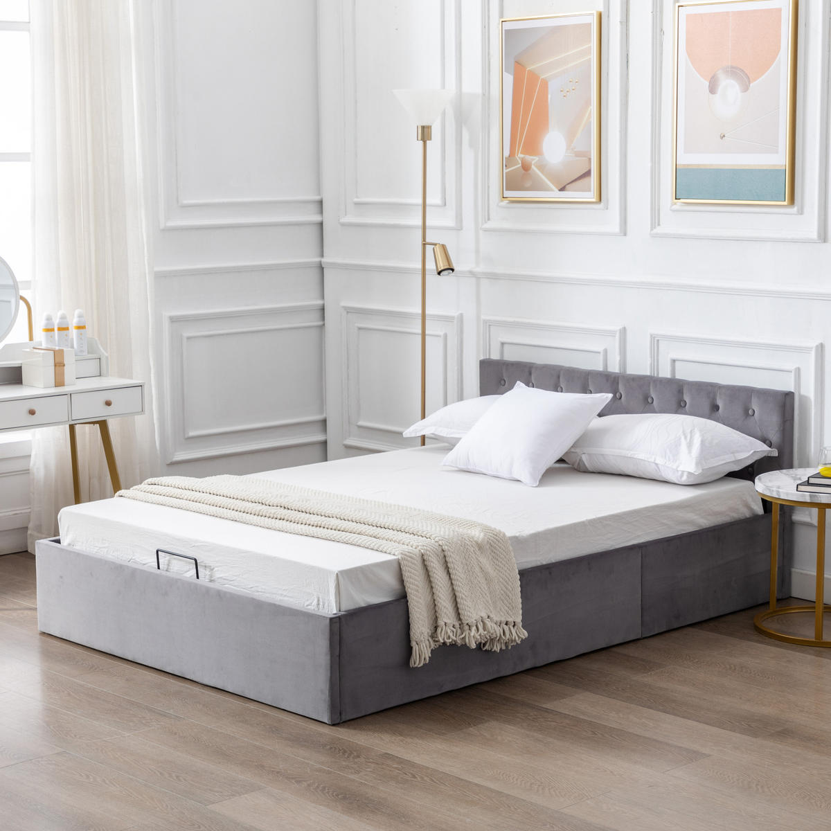 POLSTERBETT 140/200 cm mit hydraulischem Bettkasten & Lattenrost, Samt Grau - Grau, Textil (140/200cm) - Redom
