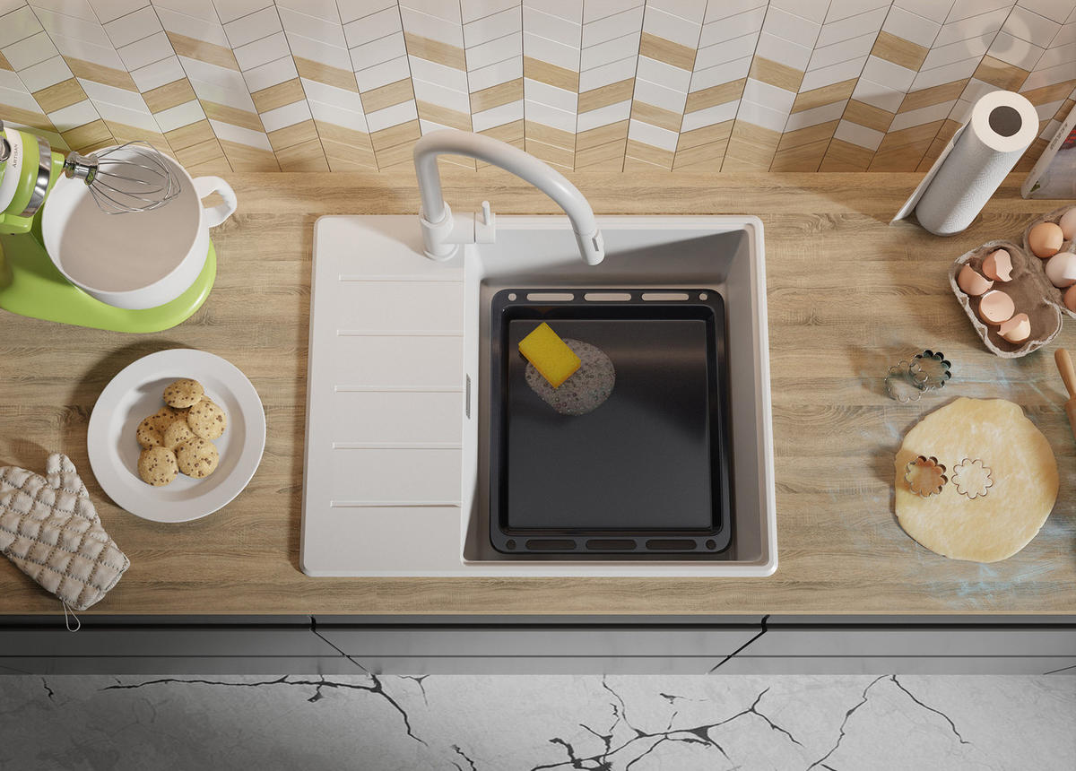 GRANITSPÜLE Kopenhagen, 2-er set Alles Weiß 62/50 cm 1 Becken + Küchenarmatur 32/20 cm + Ablauf-Set + Schneidebrett ab 50er Unterschrank - Beige/Weiß, Kunststoff (62/20/50cm) - Primagran