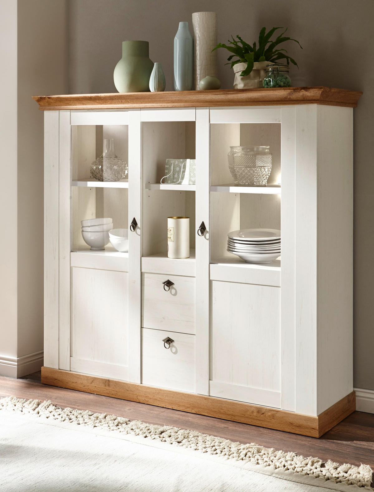 HIGHBOARD weiß Pinie, Eiche Wotan, Landhaus Buffet 148 x 140 cm - Silberfarben/Eiche Wotan, Glas/Holzwerkstoff (148/139/44cm) - Furn.Design