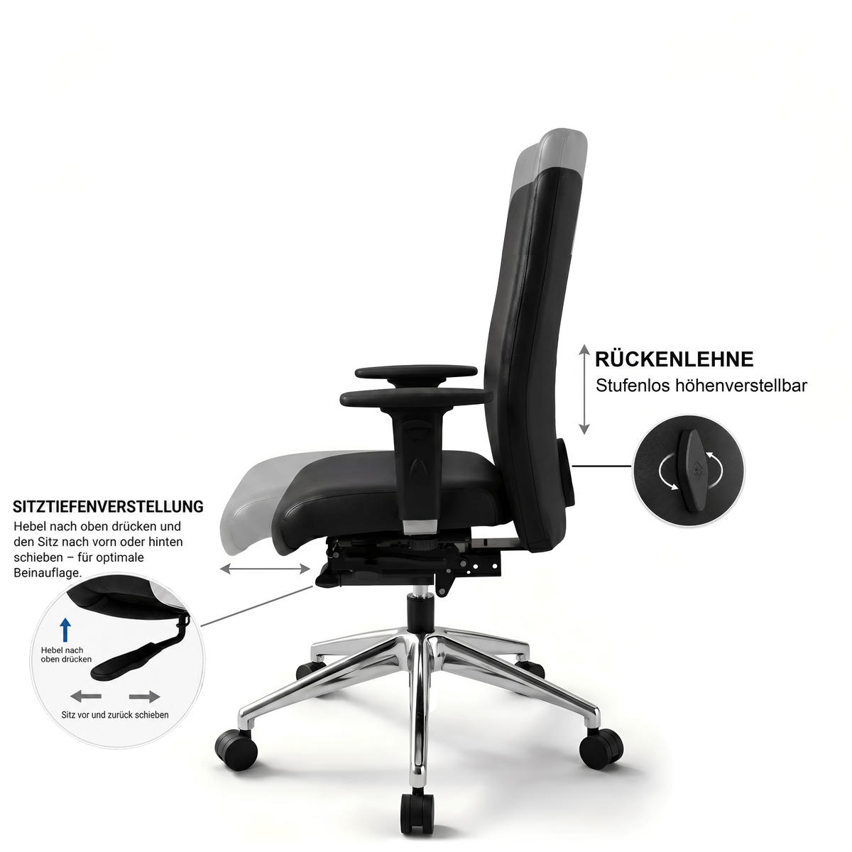 BÜROSTUHL Terox Echtleder Schwarz - ergonomisch, 150 kg belastbar, Sitzhöhe 54-66cm - Schwarz, Leder/Kunststoff (65/106/60cm) - Versee