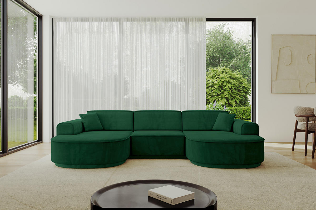 WOHNLANDSCHAFT MARI-U1-v3 - 303x171x83 cm Dunkelgrün Velours - Dunkelgrün/Schwarz, Holzwerkstoff/Kunststoff (303/83/171cm) - ALTDECOR