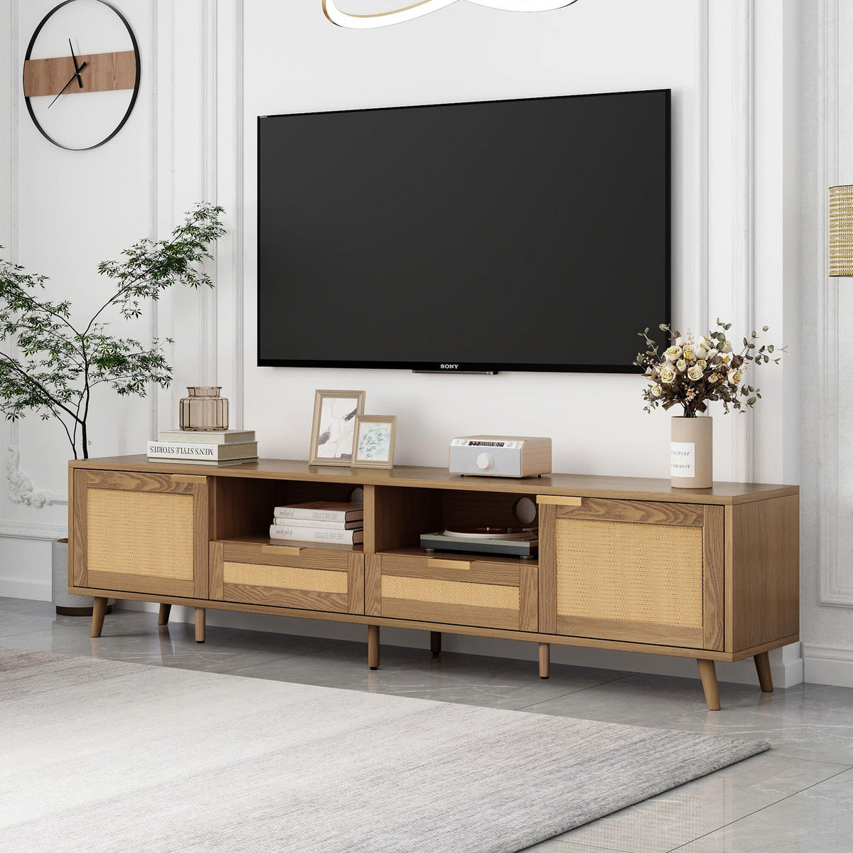 TV-MÖBEL aus Rattangeflecht Beine aus Massivholz 200/37/49cm - Eichefarben, Holz (37/49/200cm) - Urban Meuble