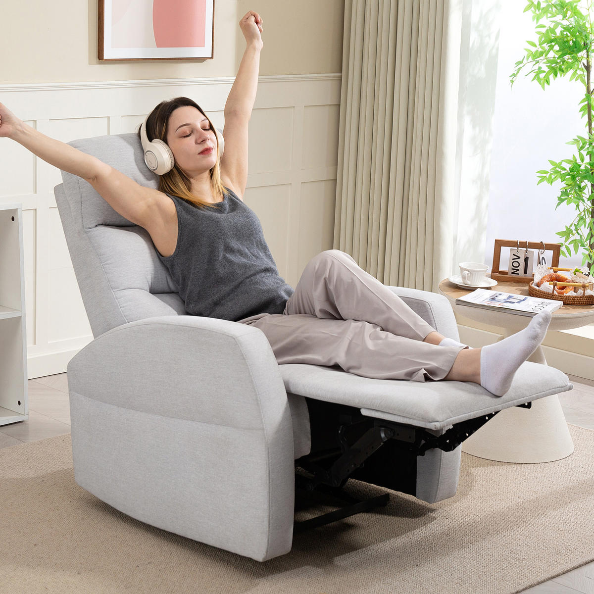 RELAXFÅTÖLJ, reclinerfåtölj med liggfunktion, vadderad reclinerfåtölj med fotgavel - Ljusgrå, Plast (76/103/93cm) - HOMCOM