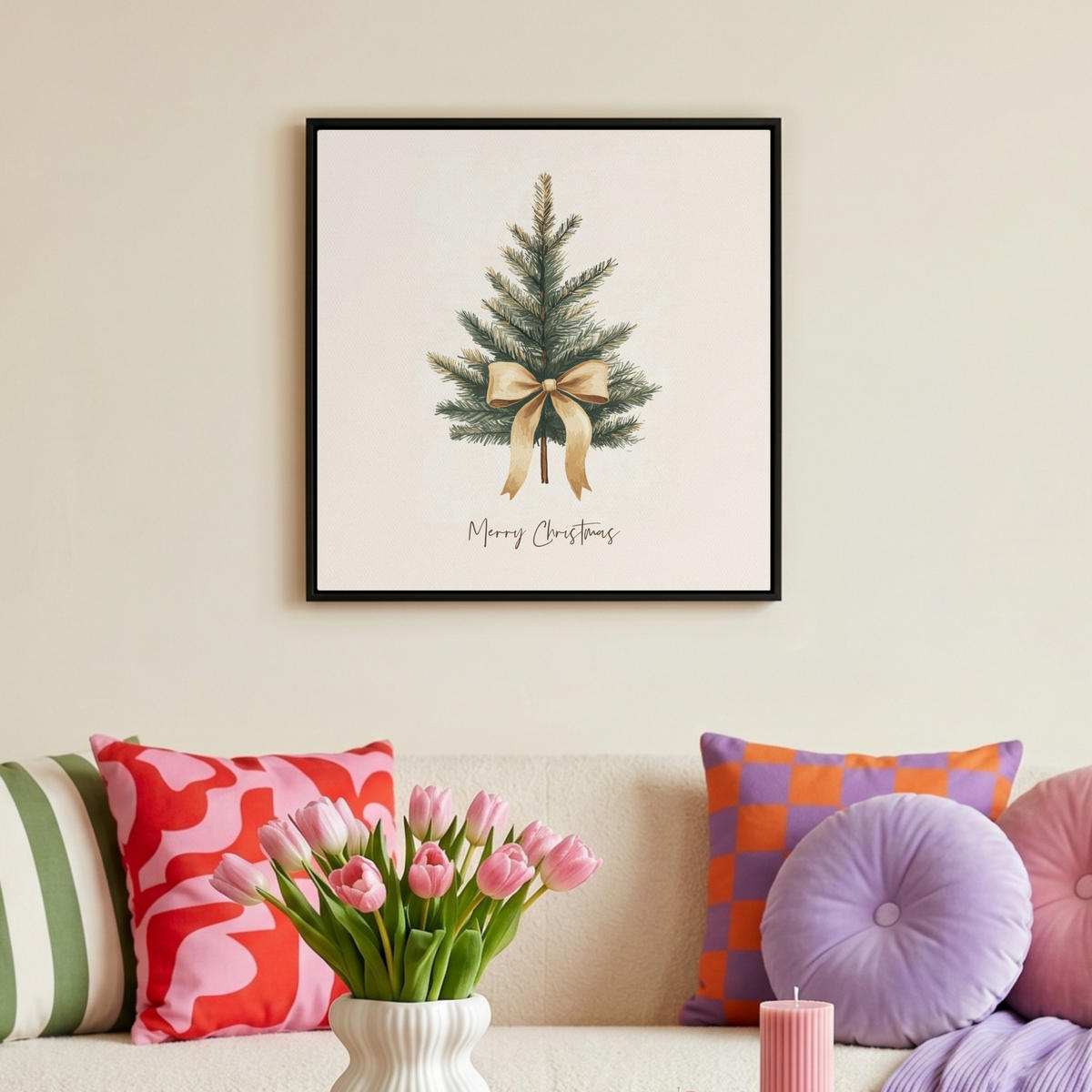 LEINWAND Bilder mit Rahmen - Weihnachtsbaum - Weihnachten - Frohe Weihnachten - Beige - 50x50 - Sandfarben, Textil (50/50cm) - MuchoWow