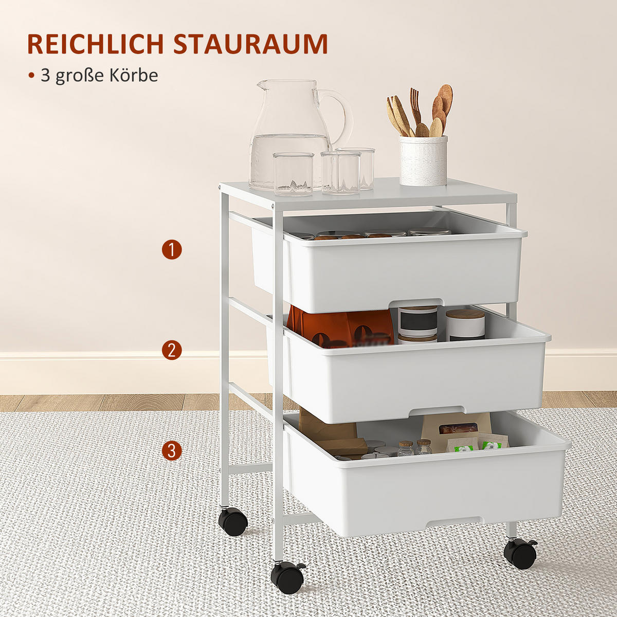 ROLLWAGEN, Servierwagen mit 3 Etagen, 40,8 x 33,5 x 60,5 cm, Weiß - Weiß, Metall (40.8/60.5/33.5cm) - HOMCOM