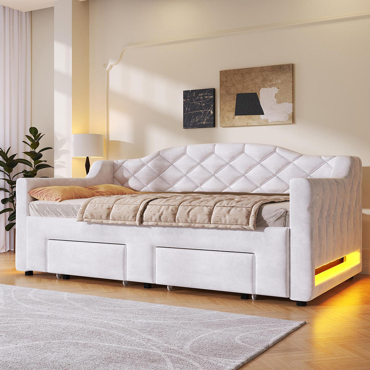 TAGESBETT 90x200 bis 180x200 cm mit zwei Schubladen und LED-Beleuchtung, Weiß - Weiß, Holz (90/200cm) - KOMHTOM