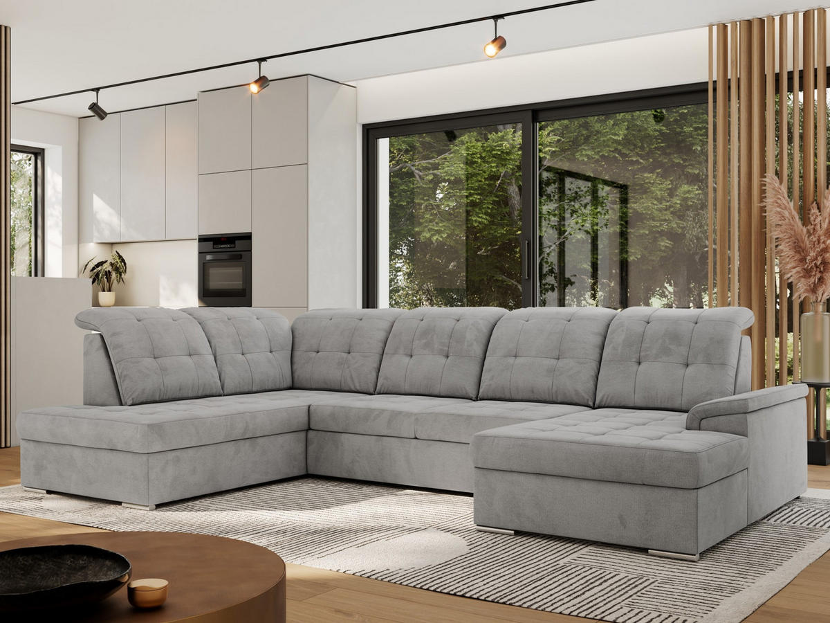 WOHNLANDSCHAFT MADRITO U - Hellgrau Velorus - Links - Silberfarben/Hellgrau, Textil/Metall (204/89/323cm) - MKS