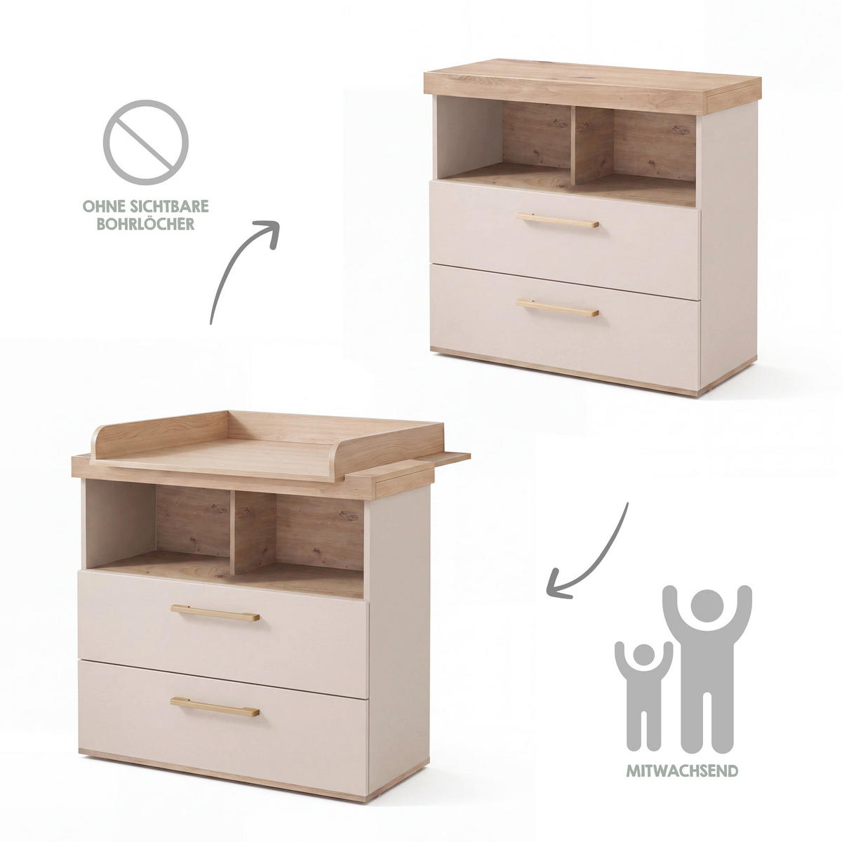 WICKELKOMMODE Jimmy Cashmere - Kaschmir/Eichefarben, Holz/Holzwerkstoff (110/103/78cm) - Roba