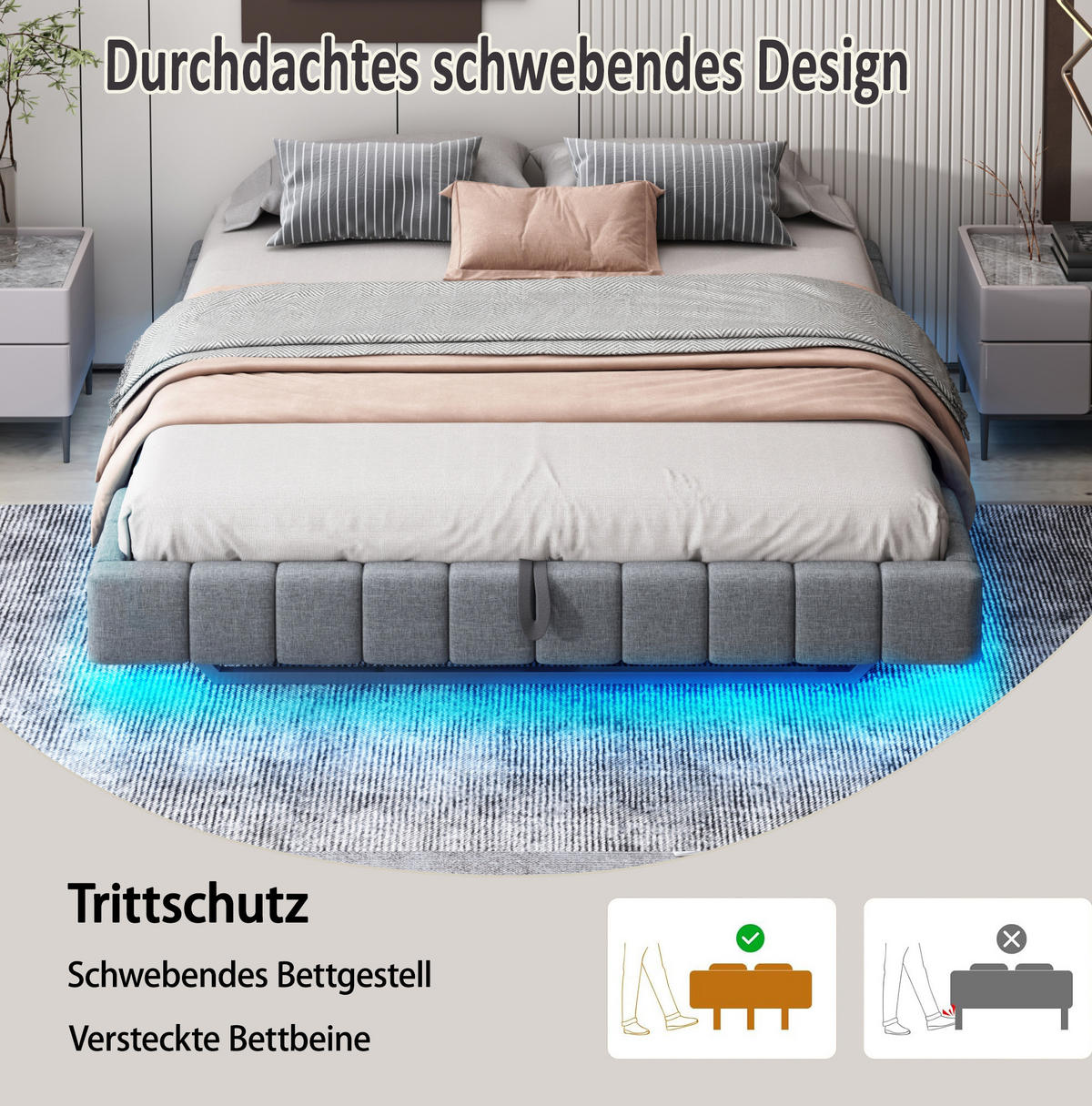POLSTERBETT 160/200 cm Grau aus Stoff mit LED-Lichtleiste - Grau, Textil (160/200cm) - OKMYHOME