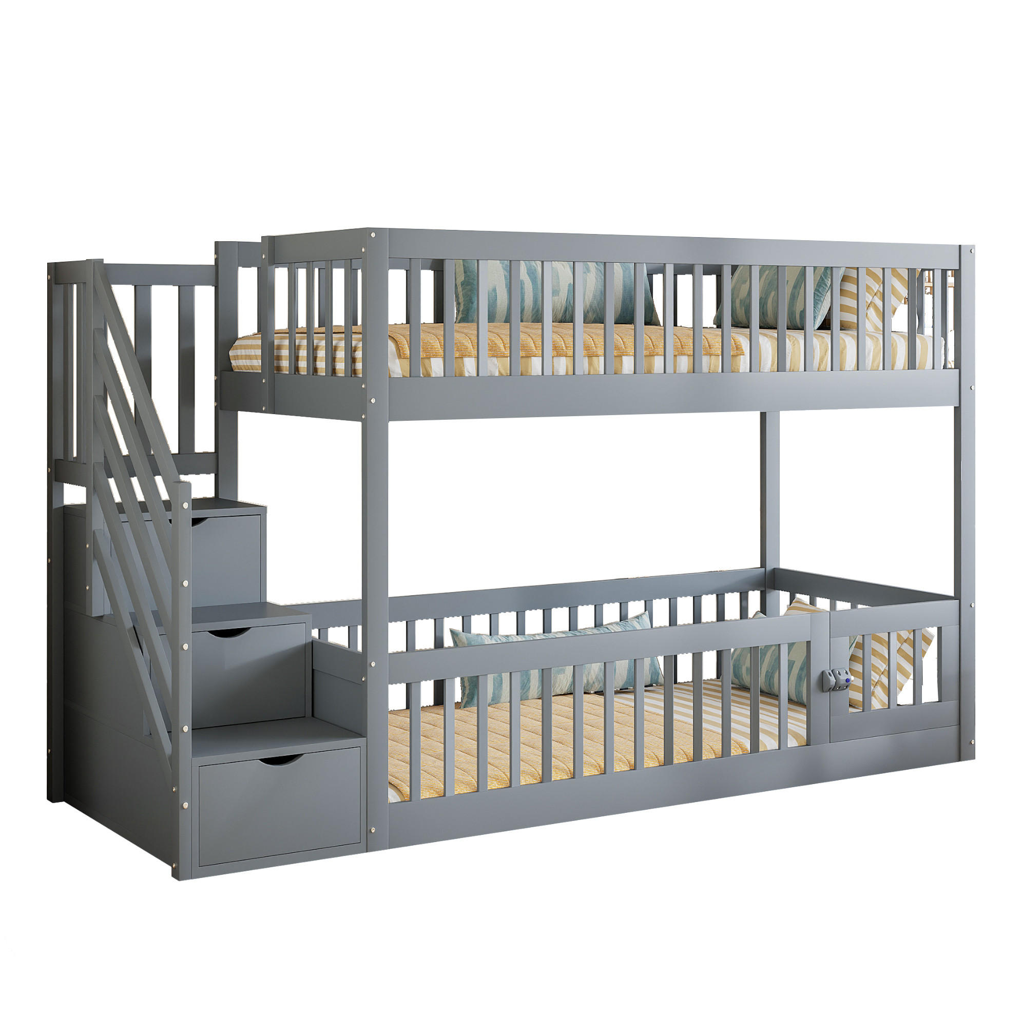 ETAGENBETT Massivholz 90x200 cm Grau mit Stauraumtreppe und Schubladen - Grau, Holz (90/200cm) - Modfu