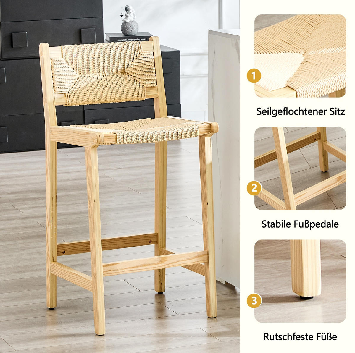 BARHOCKER 2er-Set mit Geflecht und Massivholz für Kücheninsel - Birnbaumfarben, Holz (42/89/44cm) - Meubliv