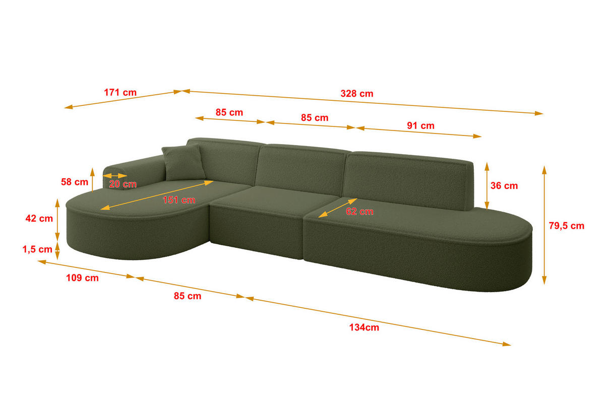 ECKSOFA Ottomane Links MARI-L2 - 328x171x79 cm Grün Bouclé - Schwarz/Grün, Holzwerkstoff/Kunststoff (165/321cm) - ALTDECOR