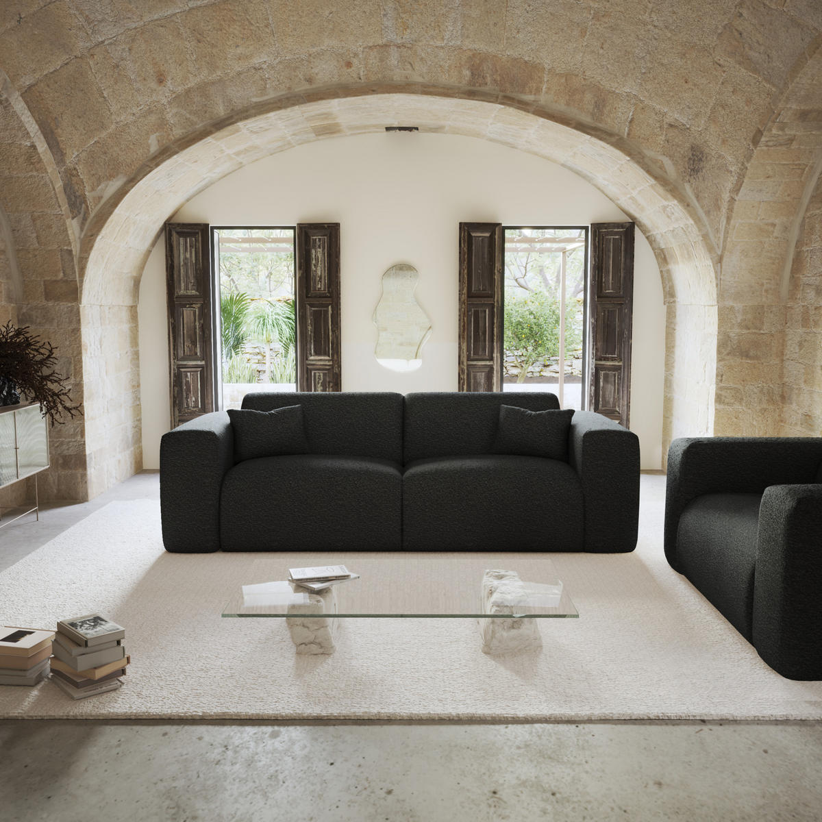 SCHLAFSOFA GERADE Bouclé-Stoff Dunkles Anthrazit 214.0 CENTIMETERScm - Anthrazit, Textil (214/73/95cm) - Sia Home