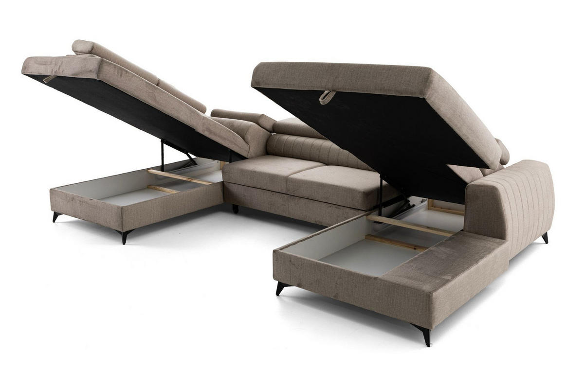 ECKSOFA U-Form PIERO U Links mit Schlaffunktion 125x260 Velours Beige - Beige/Schwarz, Holz/Textil (350/90/203cm) - Muffo
