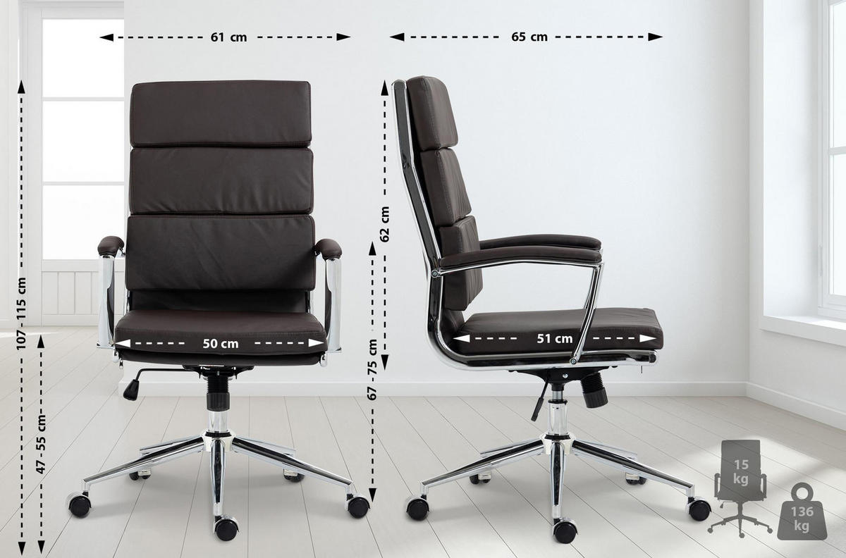 BÜROSTUHL Cyron Kunstleder braun - Chromfarben/Braun, Metall (61/115/65cm) - TPFLiving
