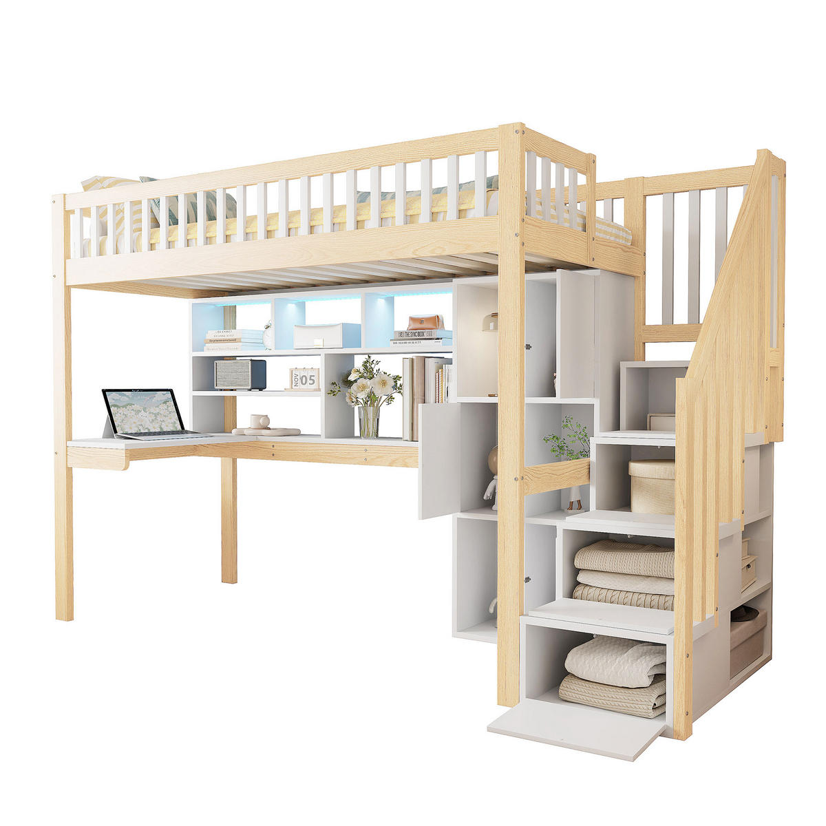 HOCHBETT 90x200cm Weiß + Natur LED-Licht Ablageleiter Schreibtisch - Multicolor, Holz (90/200cm) - FLIEKS