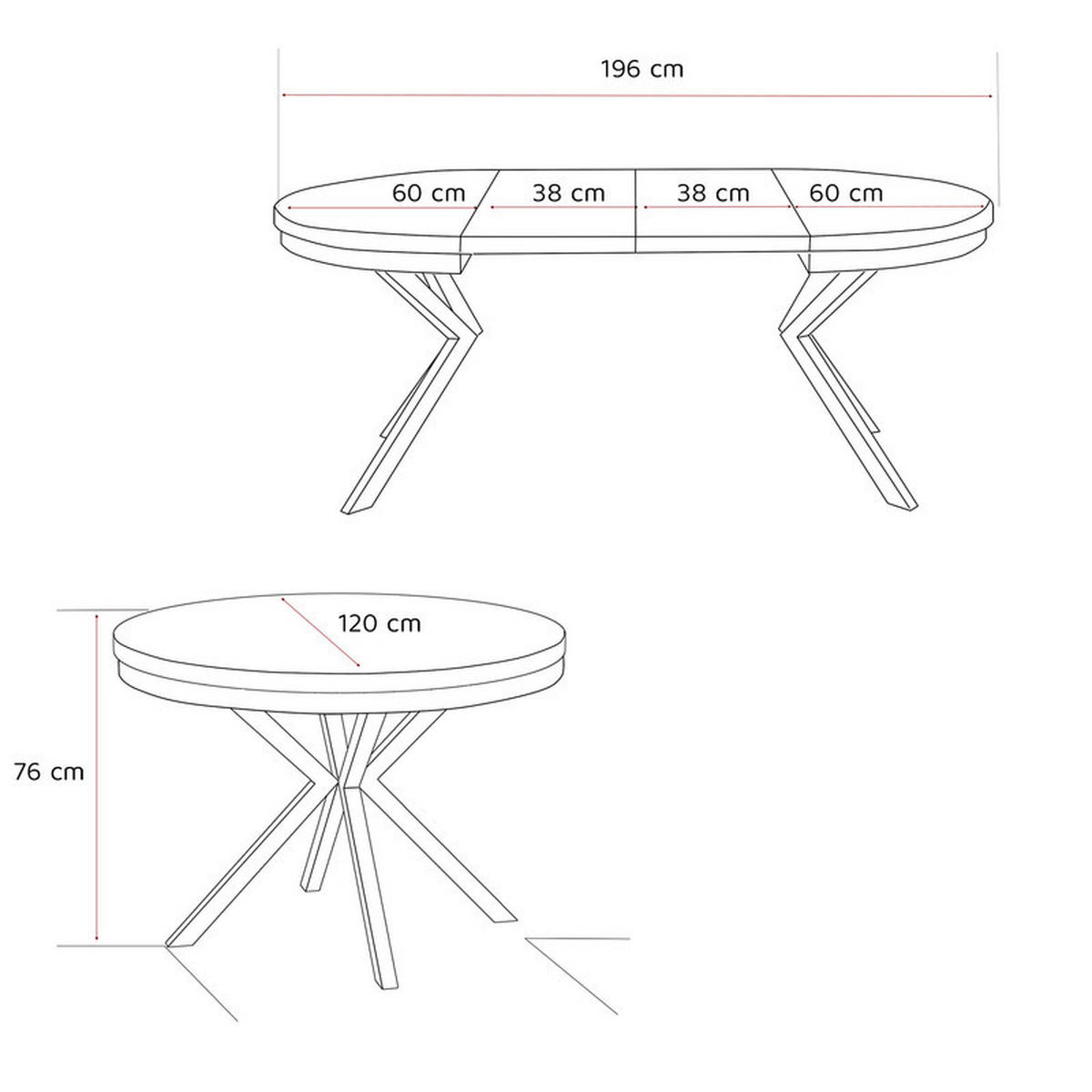 AUSZIEHTISCH MILTON 120-196/76 cm mit Metallgestell, Kaschmir / Arktisweiß - Kaschmir/Weiß, Holzwerkstoff/Metall (120/120/76cm) - Idohome
