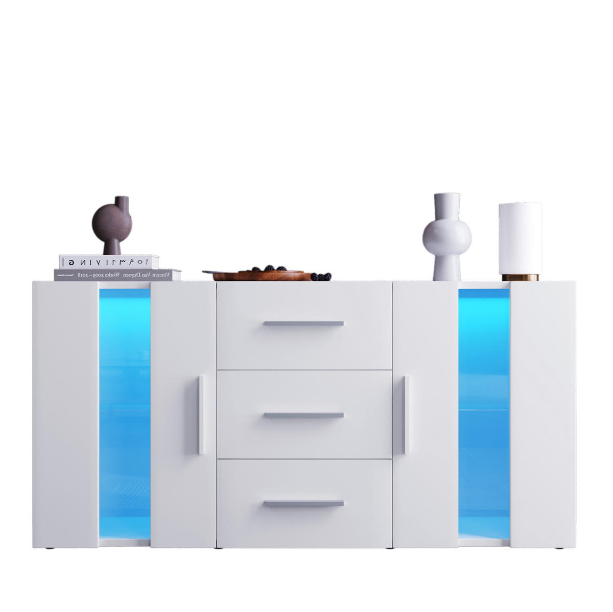 SIDEBOARD 140/35/70 cm in Weiß mit LED-Beleuchtung und 3 Schubladen - Weiß, Holzwerkstoff (140/70/35cm) - Flora Grace
