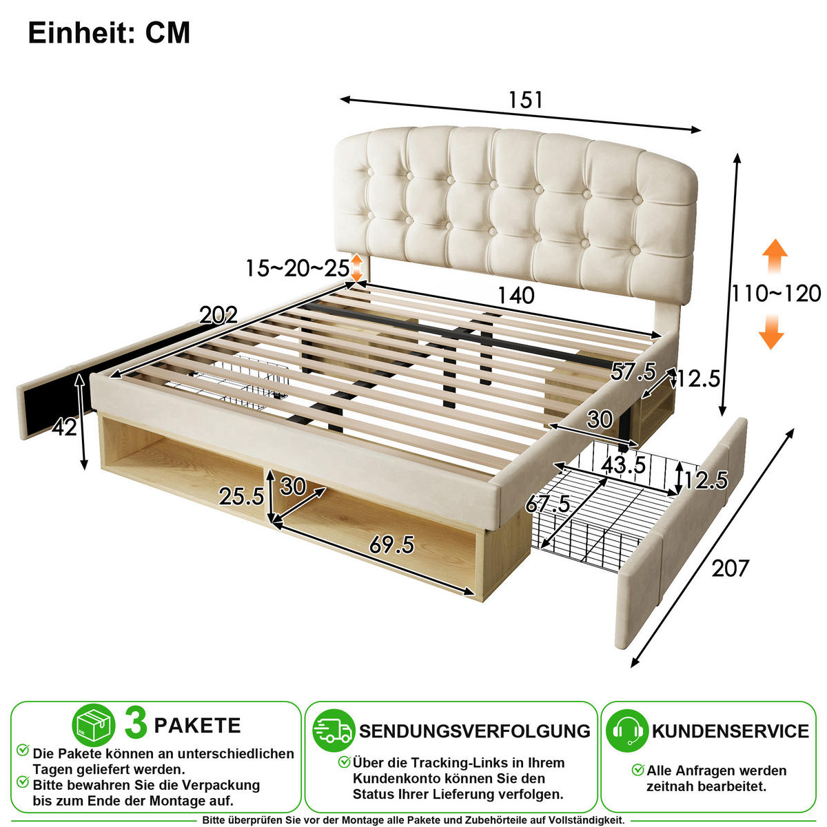 POLSTERBETT 140/200 cm in Beige Samt mit Schubladen, Stauraum und höhenverstellbarem Kopfteil - Beige, Holzwerkstoff/Textil (140/200cm) - CHICFURN