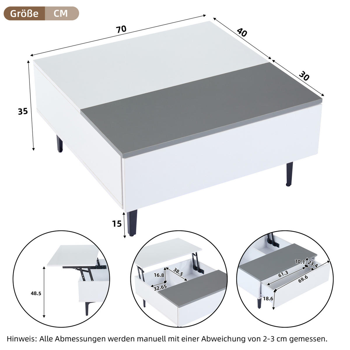 COUCHTISCH aus MDF 70x70x35 cm Weiß/Grau mit höhenverstellbarer Tischplatte, LED und Stauraum - Weiß, Holzwerkstoff (70/70/35cm) - IVMEU