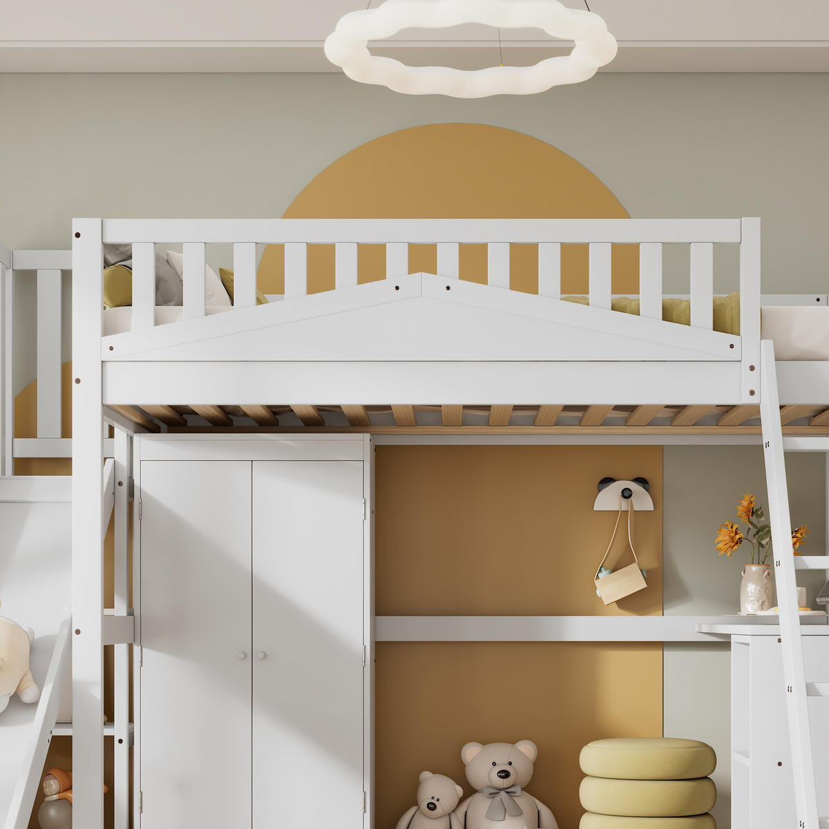 ETAGENBETT 90/200 cm Weiß mit Fallschutzgitter und Tisch aus Kiefer+MDF - Weiß, Holzwerkstoff (90/200cm) - OKWISH