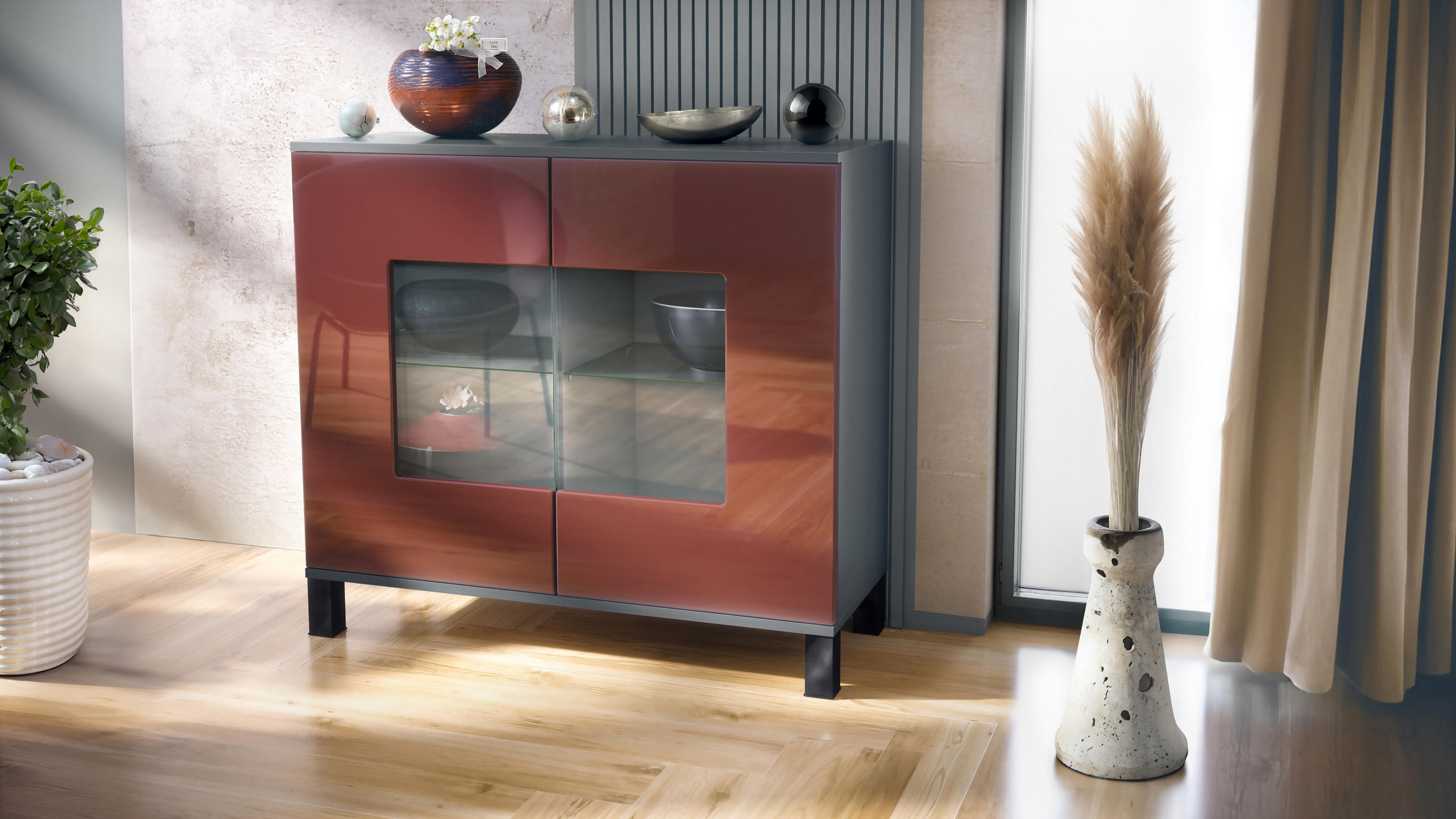 KOMMODE Grömitz Bordeaux Hochglanz - Bordeaux, Holzwerkstoff (92.5/84.5/35cm) - Vladon