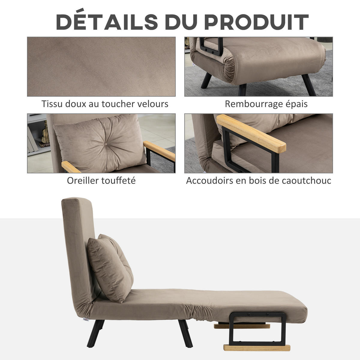 SCHLAFSESSEL 4-in-1 DE-14590 5-fach verstellbar, mit Holzarmlehnen Marron - Braun, Textil (73/81/63cm) - ComfortXL