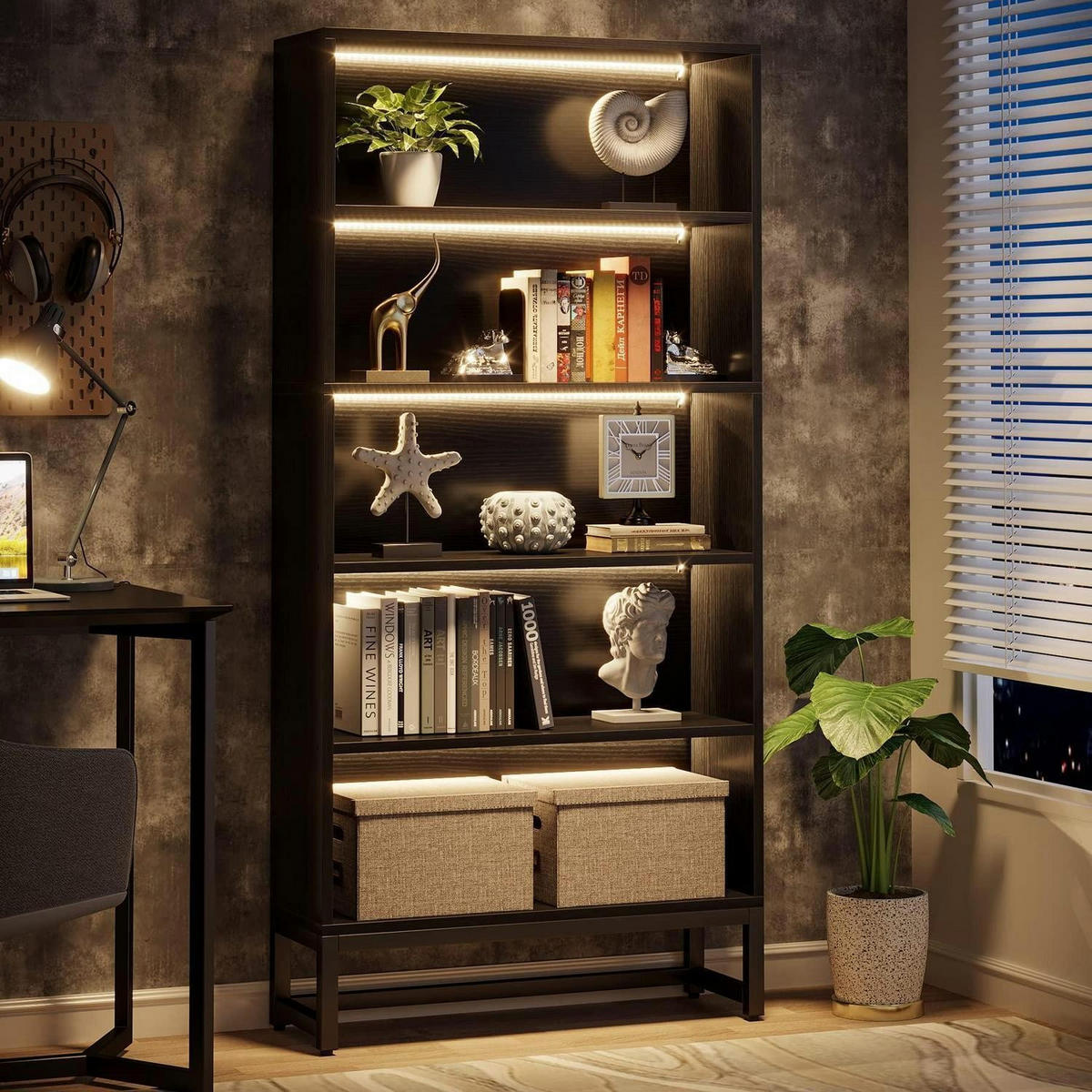 BÜCHERREGAL mit LED-Beleuchtung 180 cm Schwarz - Schwarz, Holzwerkstoff (30/180/80cm)
