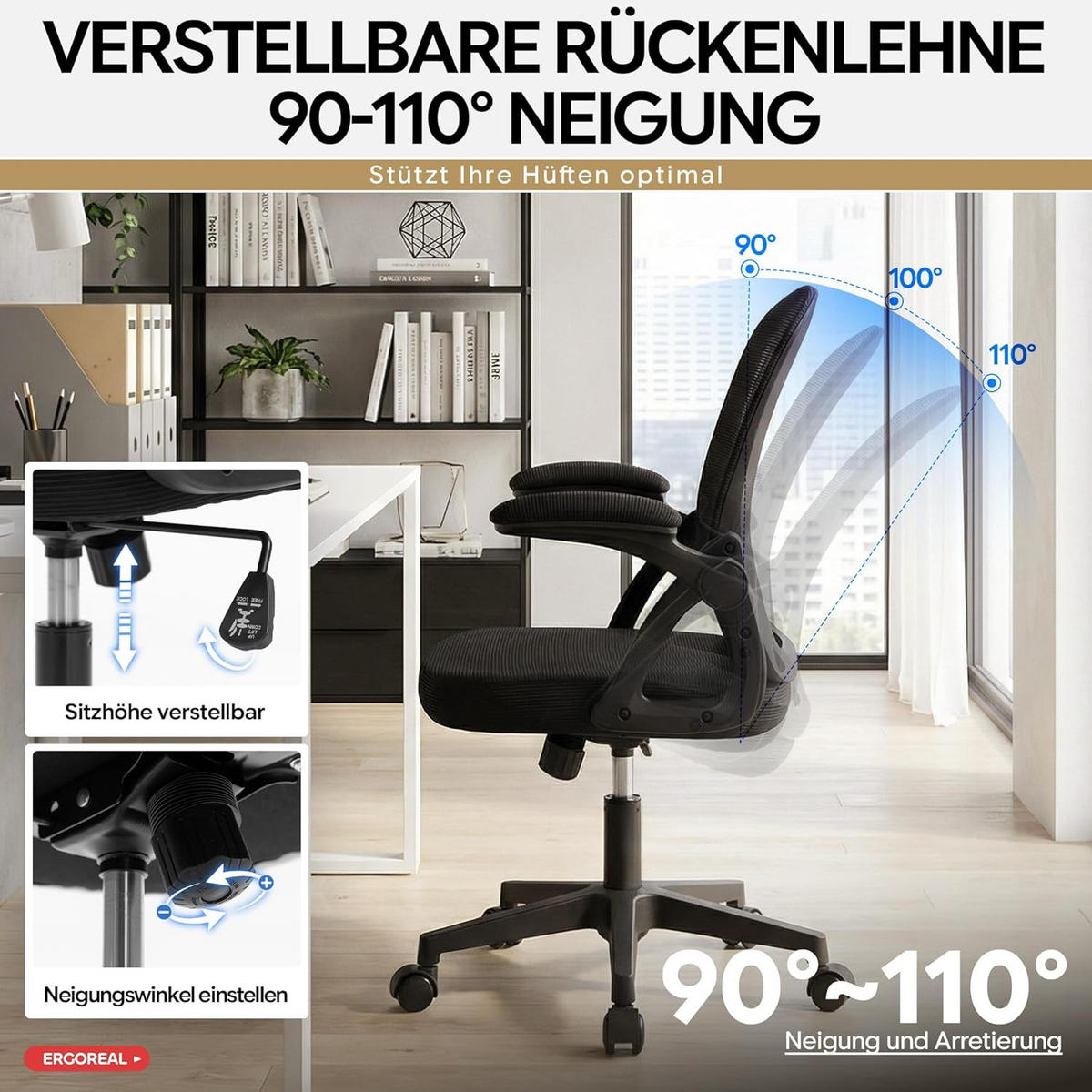 BÜROSTUHL Ergonomischer 90-110°neigbar, 90° Aufklappbare Armlehnen - Schwarz, Metall (60/92/57cm)