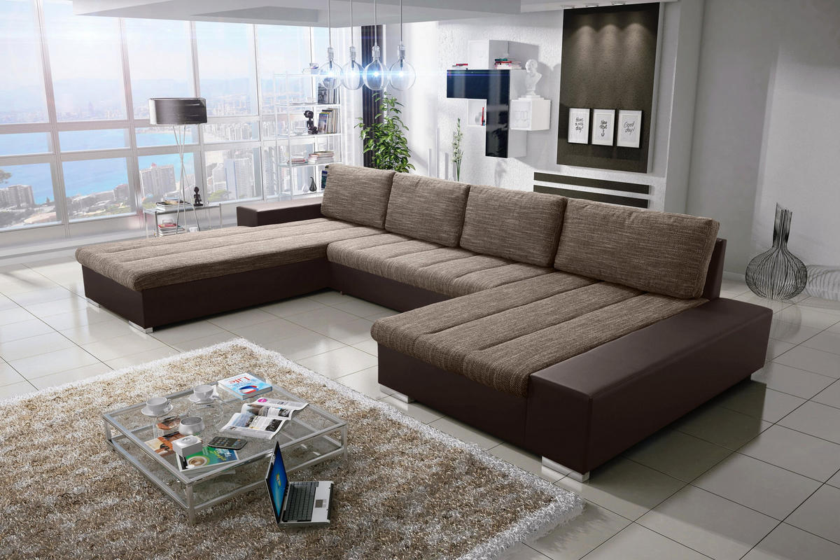 WOHNLANDSCHAFT VERONA U-Form mit Schlaffunktion, Bettkasten und Wellenfederung – Großzügiges Ecksofa 387 cm - Braun, Kunststoff (387/85/213cm) - Wohnideebilder