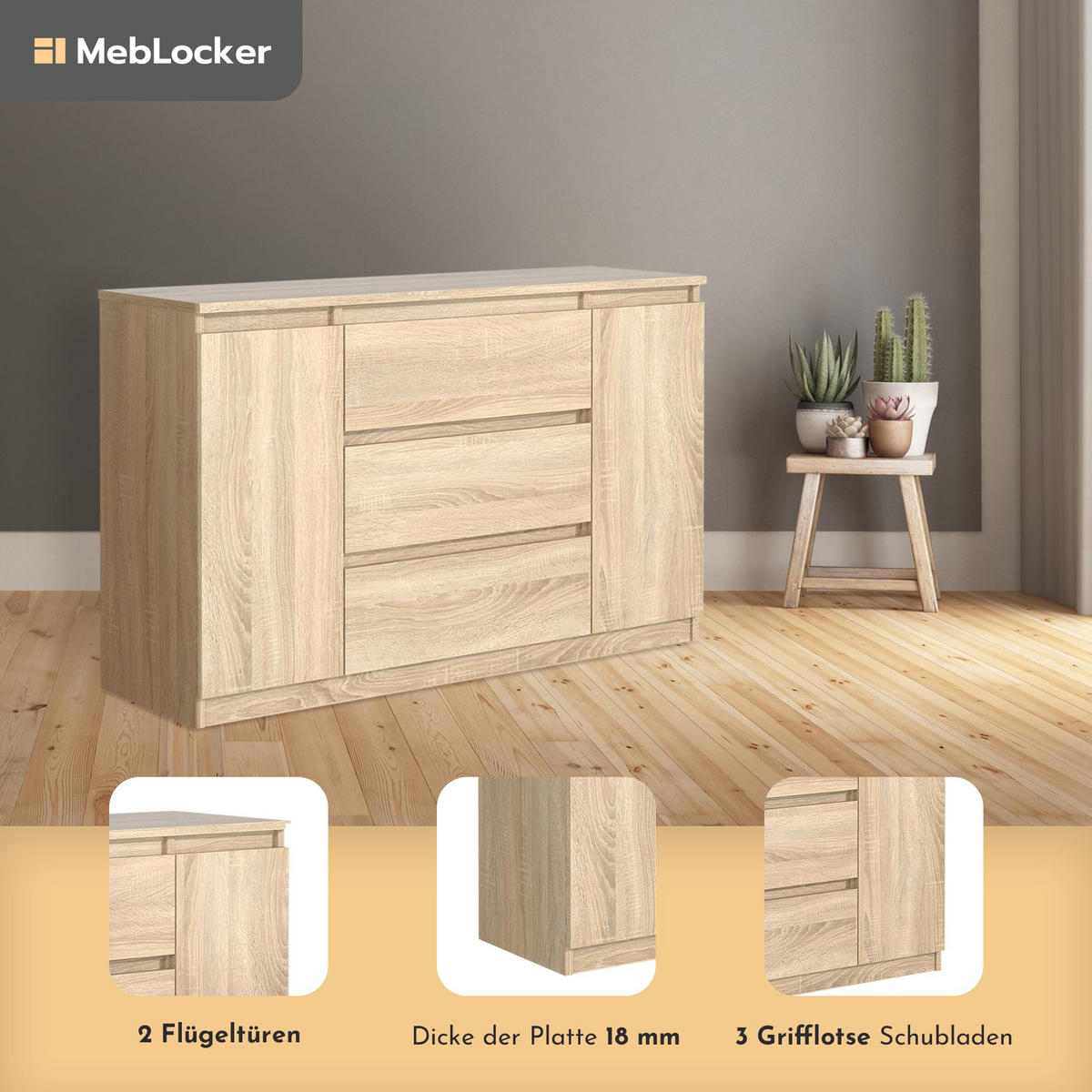 KOMMODE mit 3 Schubladen 2 Schranktüren 120 cm SonomaEiche - Sonoma Eiche, Holzwerkstoff (120.4/78.2/39cm) - MebLocker