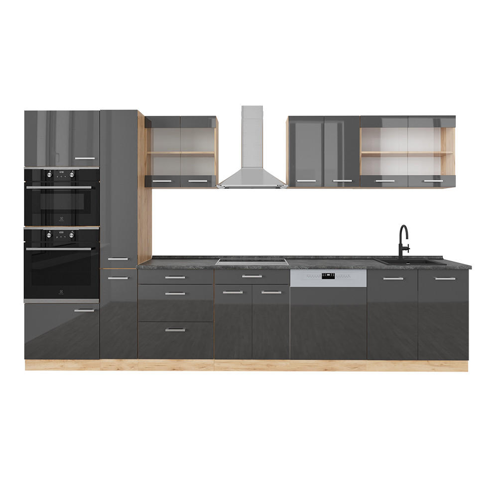 KÜCHENZEILE R-Line Anthrazit Hochglanz/Goldkraft Eiche 350 cm AP Anthrazit - Anthrazit/Eiche Wotan, Holzwerkstoff (350/81.6/60cm) - Vicco