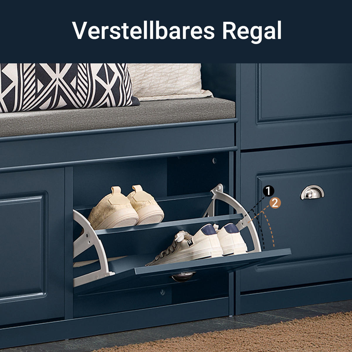 SCHUHBANK mit Sitzfläche und 2 Klappen, Blau - Blau, Holzwerkstoff (104/52/24cm) - SoBuy