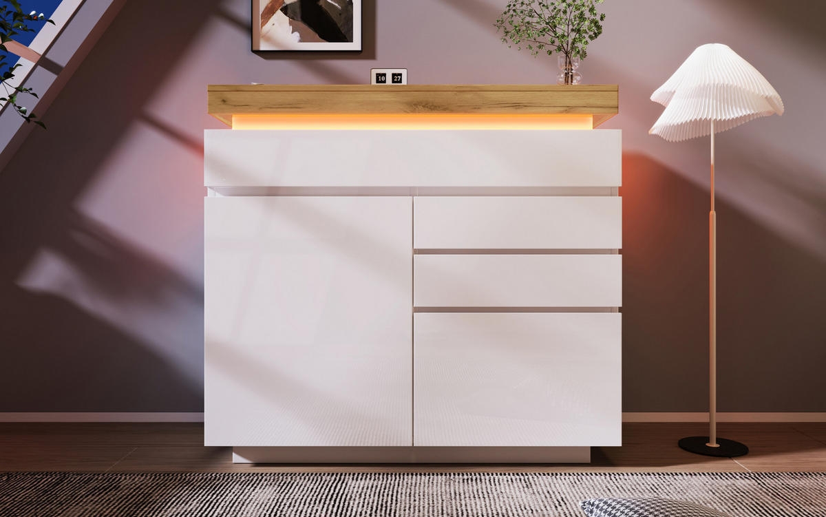 KOMMODE 110/39/115 cm aus Holzwerkstoff mit LED-Beleuchtung Weiß - Weiß, Holzwerkstoff (39/115/110cm) - Modenvie